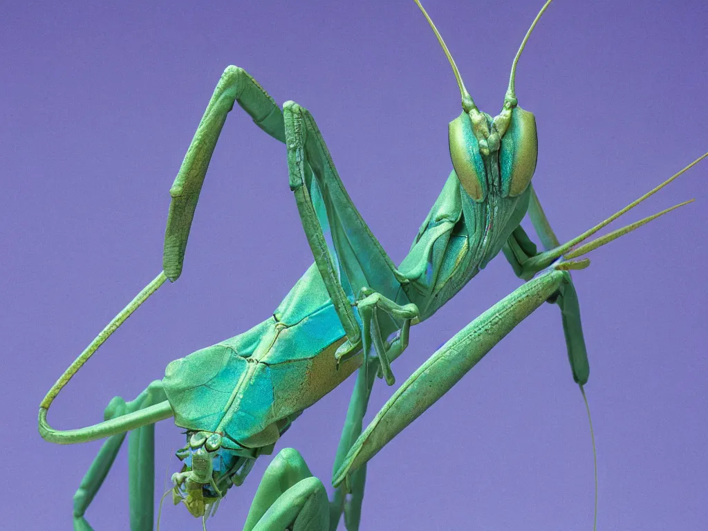 Image similar to close - up macro of a blue praying mantis. orchid mantis standing. petri dish art. subsurface scattering, translucency, backlit, diffused, smooth. studio photography high quality highly detailed award winning photograph by national geographic, by slim aarons. complementary color scheme. ( sculpture by antonio canova )