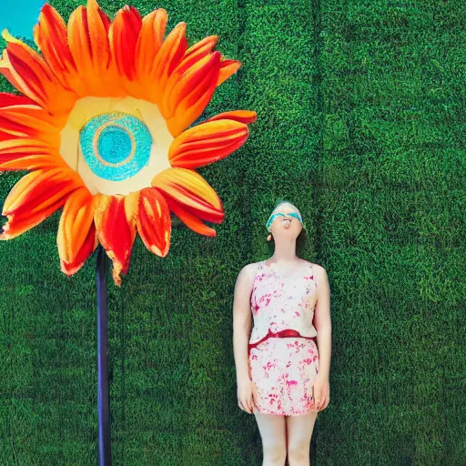 Prompt: giant flower head, full body, girl standing in hotel, surreal, symmetry, mid century, bright colours, blue sky, realistic, wes anderson