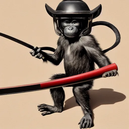 Image similar to Sumi-e painting of a monkey, wearing traditional samurai armor, helmet and mempo, welding a katana, octane render, hyper realistic, full body shot, rendered in 8K resolution, black ink painting