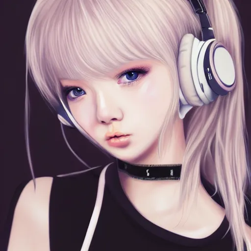 Image similar to realistic teasing detailed semirealism beautiful gorgeous cute Blackpink Lalisa Manoban white hair white cat ears blue eyes, wearing black camisole outfit, headphones, black leather choker full HD 4K high resolution quality WLOP, Aztodio, Taejune Kim, Guweiz, Pixiv, Instagram, Artstation