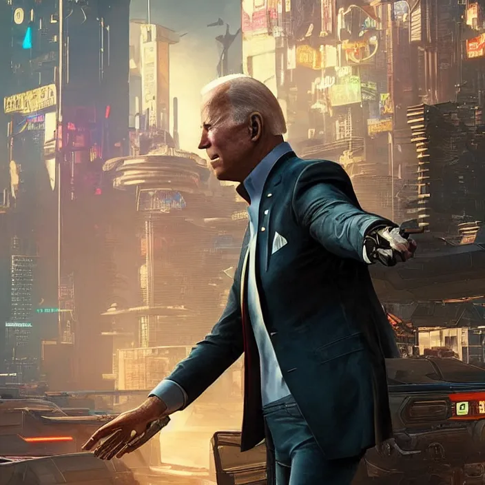 Image similar to Joe Biden in Cyberpunk 2077, Gameplay Screenshot, detailed