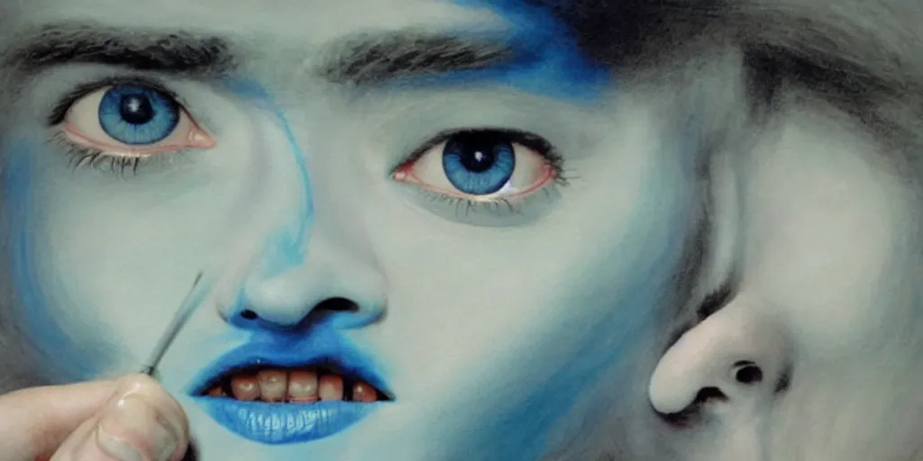 Prompt: with malice, your blue skin, with malice, your blue eyes, with malice, your, white smile with malice, your whole body, at last, with malice, with malice, will it be when i stay awake thinking of her, does she think a little about me? painting by gottfried helnwein