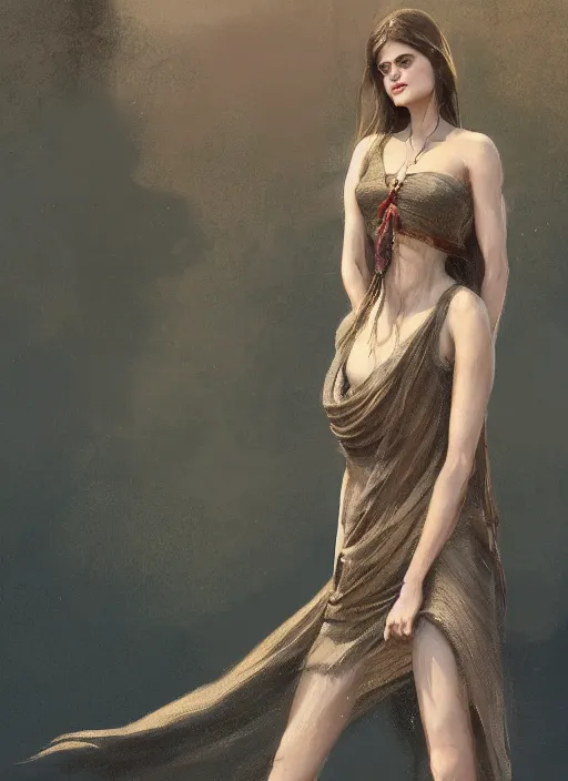 Prompt: a digital painting of Alexandra Daddario wearing a boho dress, by netter, beautiful, gorgeous, long hair, style from greg rutkowski, beautiful eyes, full frame, oil painting, featured on artstation, concept art, smooth, sharp focus, illustration, very detailed, ambient lighting, unreal engine render, concept art by Atey Ghailan, by Loish, by Bryan Lee O'Malley