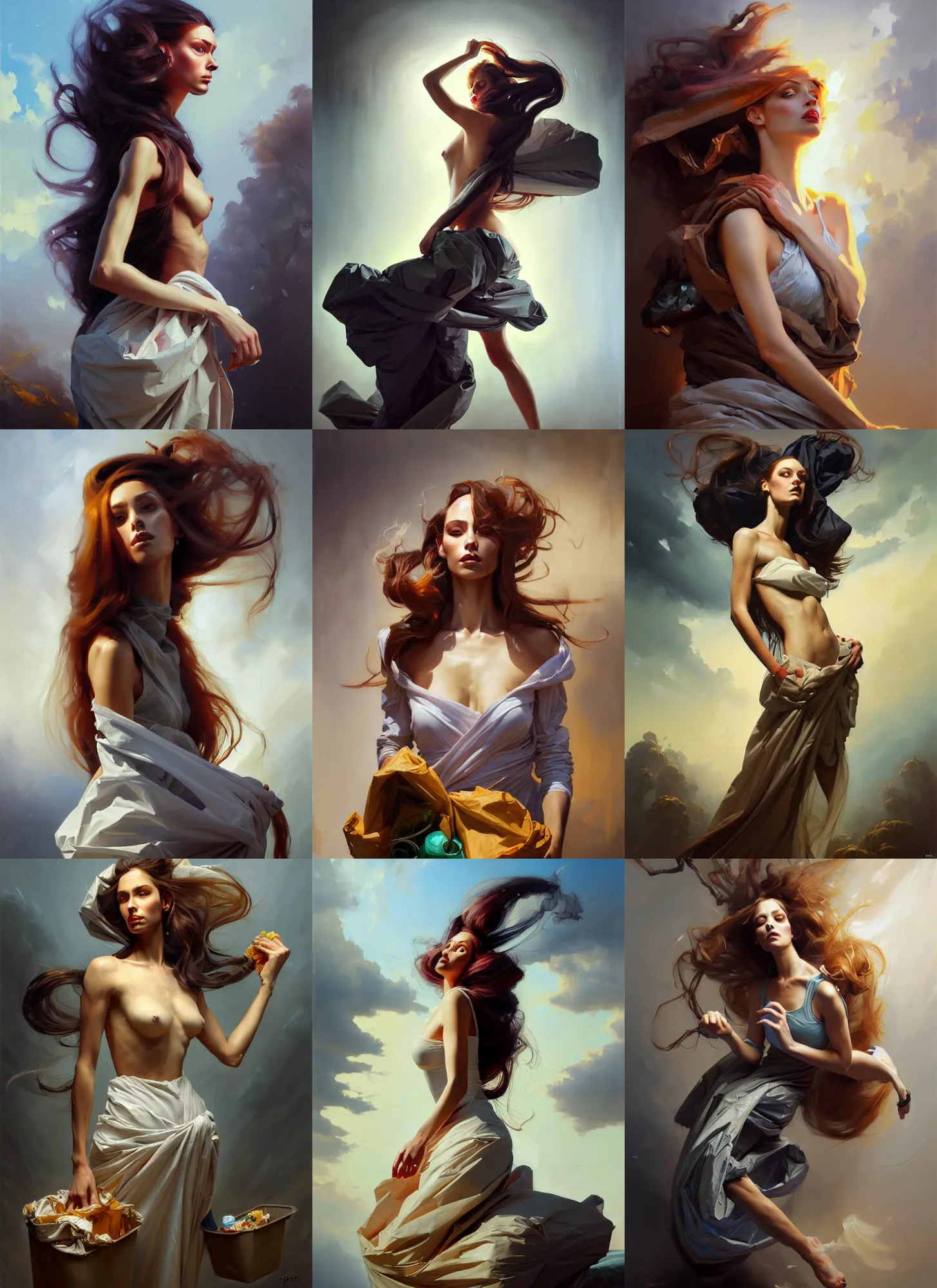 Image similar to fine art portrait oil painting of a beautiful woman with long hair wearing a garbage bag for clothes, perspective, ultra detailed, elegant, intricate, dynamic lighting, hyperrealism, sharp focus, art by peter mohrbacher and greg manchess and andrei riabovitchev