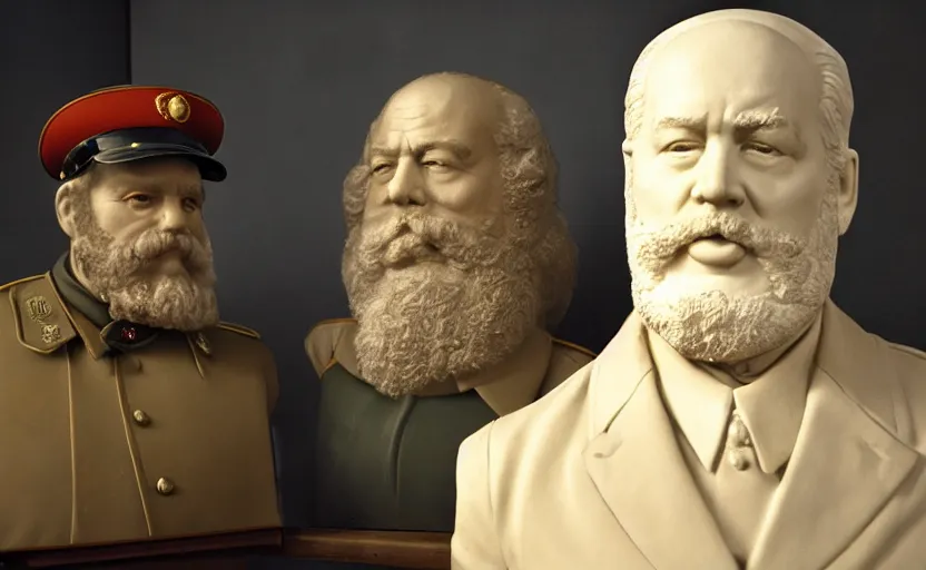 Image similar to 50s movie still close-up portrait of an elder soviet generals in a empty stalinist hall with a bust of Marx, by David Bailey, Cinestill 800t 50mm eastmancolor, heavy grainy picture, very detailed, high quality, 4k, HD criterion, precise texture and facial expression