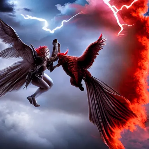 Image similar to Two women: one white winged angel and one red tailed devil. Angel battling devil flying kissing. Scene airborne in the clouds. Background lightning and explosions and black smoke. Detailed, hyper realistic, epic, Backlit