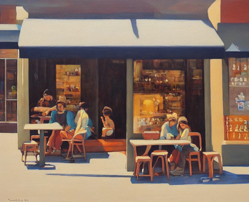 Prompt: a serene painting of a street - side coffee shop