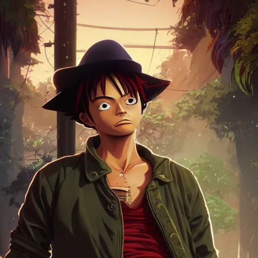 Image similar to highly detailed portrait luffy in gta v, stephen bliss, unreal engine, fantasy art by greg rutkowski, loish, rhads, ferdinand knab, makoto shinkai and lois van baarle, ilya kuvshinov, rossdraws, tom bagshaw, global illumination, radiant light, detailed and intricate environment