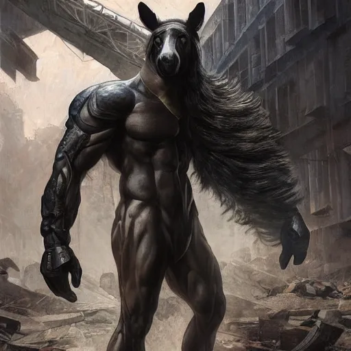 Image similar to splash art of a muscular black - coated anthropomorphic horse character wearing tactical kevlar fabric standing in rubble, long white mane visible, exaggerated muscles, highly detailed, furry, furaffinity, digital painting, artstation, sharp focus, illustration, art by artgerm, greg rutkowski, alphonse mucha