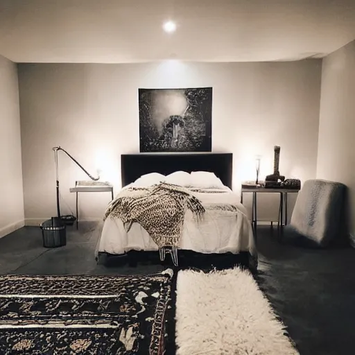 Prompt: a photo of a bedroom shot from the bathroom shot at night with art on the wall, the bed facing forward, a rug under the bed, dark and moody lighting, lived in, millennial vibes, highly detailed