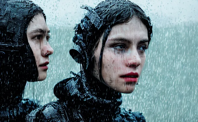 Image similar to cinestill 5 0 d candid photographic portrait by christopher nolan of two loving female androids wearing rugged black mesh techwear in treacherous waters, extreme closeup, modern cyberpunk moody emotional cinematic, pouring rain, 8 k, hd, high resolution, 3 5 mm, f / 3 2, ultra realistic faces, ex machina