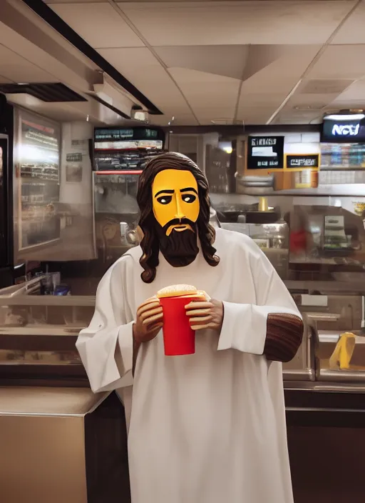 Image similar to still of jesus christ in mcdonalds, canon eos c 3 0 0, ƒ 1. 8, 3 5 mm, 8 k, medium - format print,