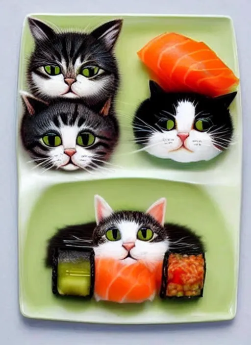 Image similar to clear photorealistic picture of adorable cats made out of sushi