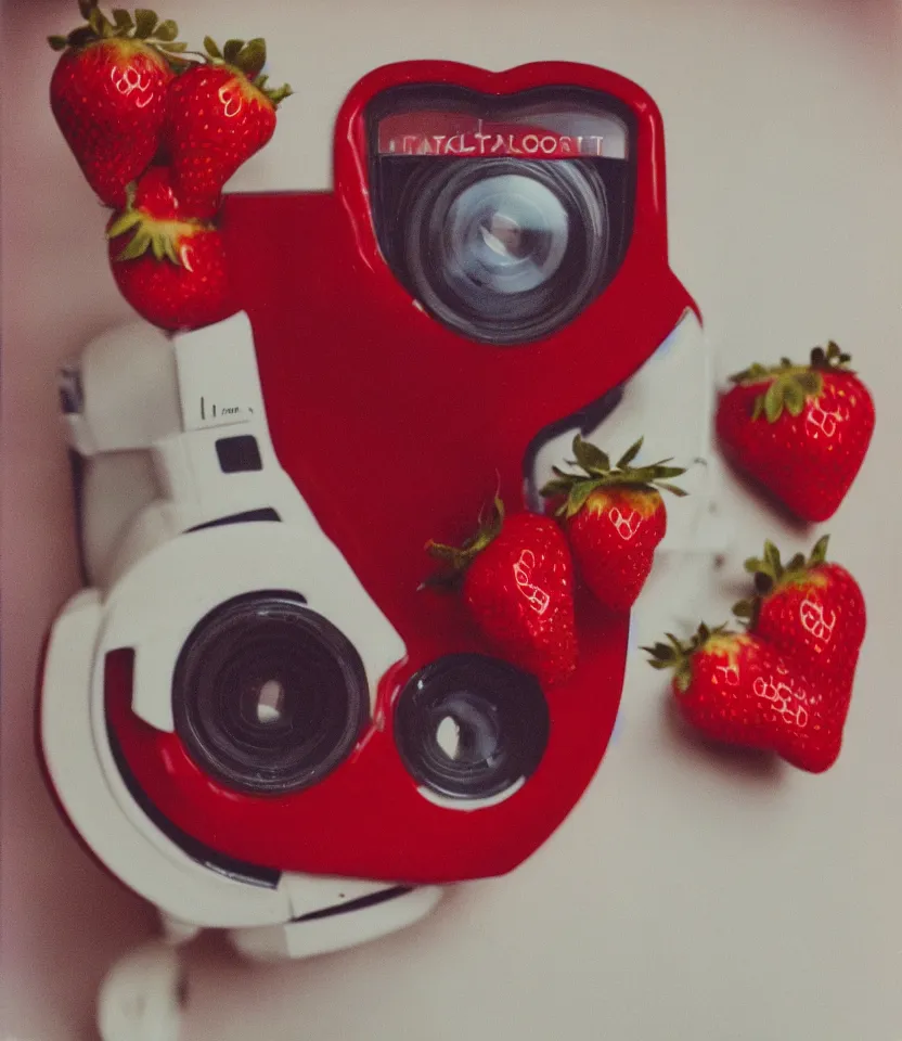 Image similar to the long red heart of a strawberry instamatic polaroid flash photography