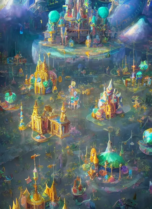 Prompt: foam priest and his bubble kingdom, unique landscape, highly detailed, flying buildings, colorful, palace, bubble trees, cinematic lighting, artstation, intricate, masterpiece, art by maria panfilova and dylan kowalski and huifeng huang