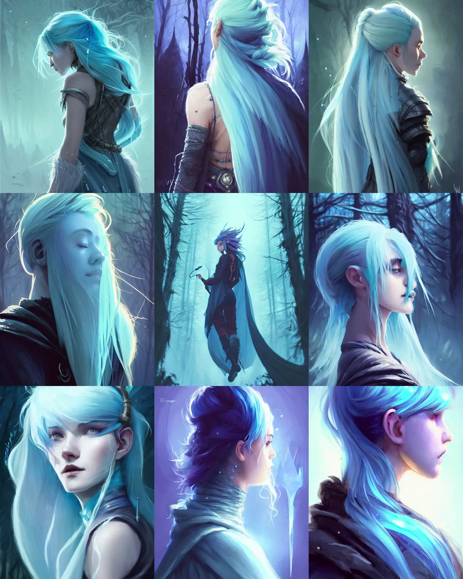 Prompt: cinematic back portrait rugged girl, adventurer outfit large cloak, fantasy forest landscape, supervillain sorceress witch, fantasy magic, undercut hairstyle, ice blue hair color, ice water magic, dark light night, intricate, elegant, sharp focus, illustration, highly detailed, digital painting, concept art, matte, art by WLOP and Artgerm and Greg Rutkowski and Alphonse Mucha, masterpiece