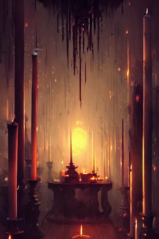 Image similar to dreamy dark hall with candles and dripping wax. beautiful intricately detailed japanese artwork, fantasy art by bayard wu, trending on artstation, camille corot, stephan martiniere