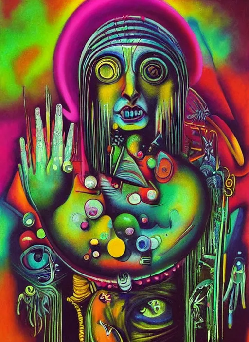 Prompt: “A surreal neon painting of a wet shaman futuristic picasso by hr giger and Vladimir kush and dali and kandinsky, 3d, realistic shading, complimentary colors, vivid neon colors, aesthetically pleasing composition, masterpiece, 4k, 8k, ultra realistic, super realistic”