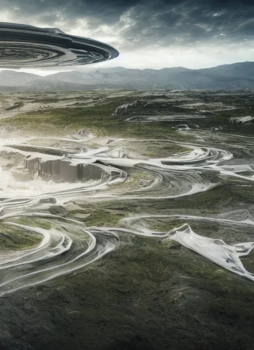 Image similar to techno chuquicamata bioremediation white mining tailing futuristic horizontal architecture, epic, cinematic, hyperealistic, high detailed, corona render, hdr, ray tracing