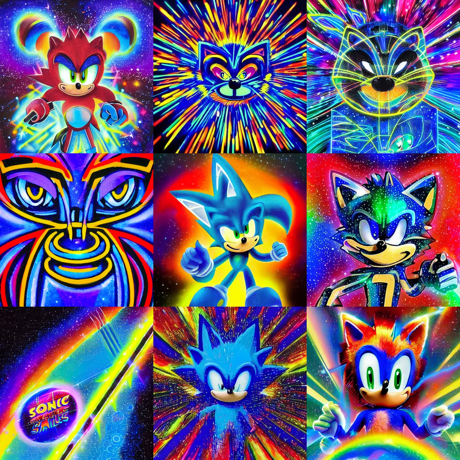 Prompt: sonic the hedgehog closeup portrait of Neon sonic the hedgehog 🌌 in metallic light trail light saber galaxies by Okuda San Miguel and kandinsky on a starry black canvas, sonic the hedgehog galaxy gas brushstrokes, metallic flecked paint, metallic flecks, glittering metal paint, sonic the hedgehog metallic paint, glossy flecks of iridescence, glow in the dark, Uv, blacklight, colorful, 8k, 4k, brush strokes, painting, highly detailed, iridescent brushed metal sonic the hedgehog