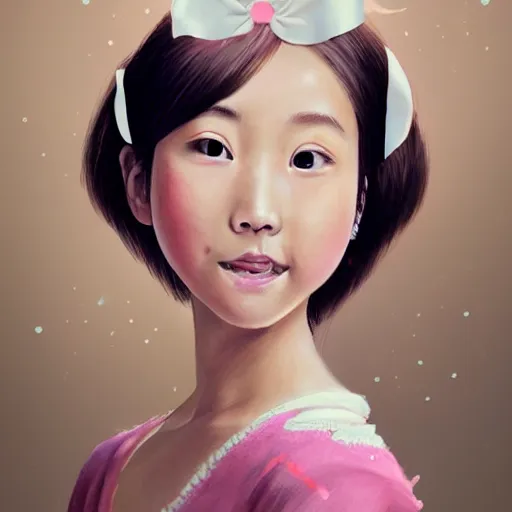 Image similar to portrait of asian girl, round face, brown hair, ponytails, half updo hairstyle, skinny, smile, attractive, small chin, wearing pink hair bow, polkadot blouse and skirt, earrings, intricate, elegant, glowing lights, highly detailed, digital painting, artstation, sharp focus, illustration, art by wlop, mars ravelo and greg rutkowski