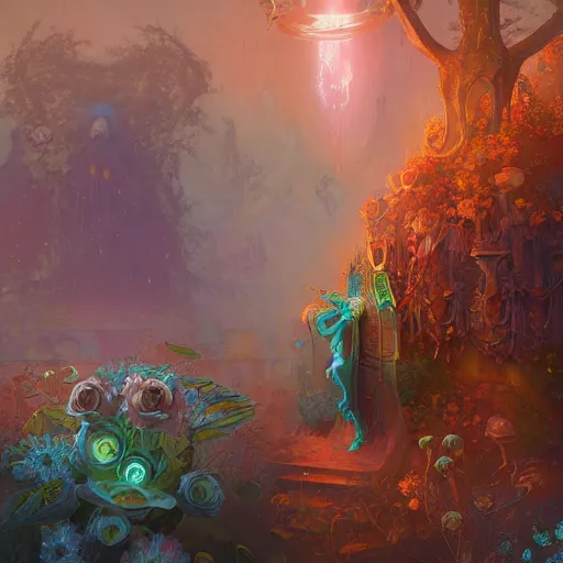 Prompt: dreamlike necromancer garden fantasycore , glossy painting, Art Nouveau Cosmic 4k Detailed Matte Illustration featured on Getty Images ,CGSociety, Jade and Carrot orange color scheme, Pastiche by Marc Simonetti, Pastiche by Cedric Peyravernay