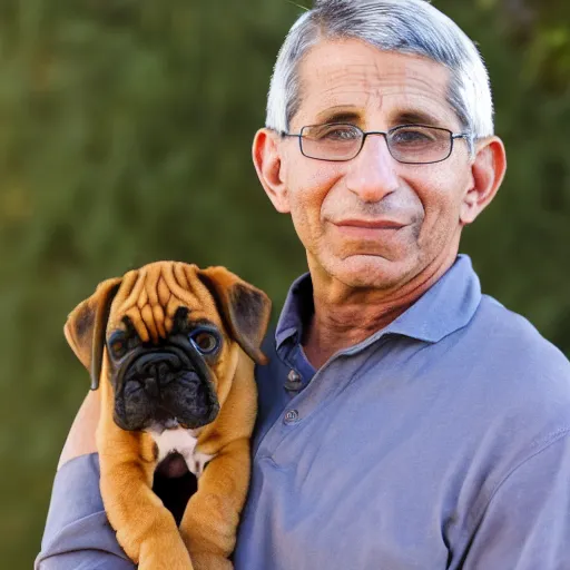 Image similar to 50mm photo, Anthony Fauci holding a boxer puppy