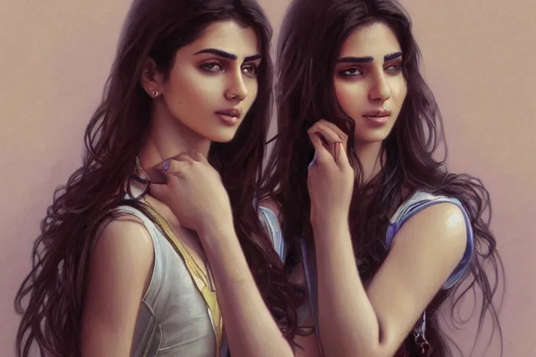 Image similar to Sensual good looking pale young Indian doctors wearing jeans in an airport, portrait, elegant, intricate, digital painting, artstation, concept art, smooth, sharp focus, illustration, art by artgerm and greg rutkowski and alphonse mucha