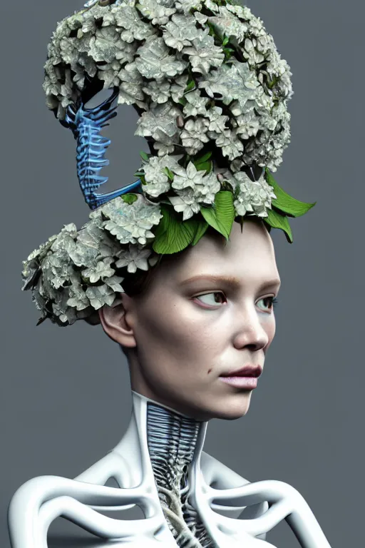 Prompt: complex 3 d render, hyper detailed ultrasharp biomechanical female cyborg portrait with a beautiful porcelain profile face, elegant crown with big hydrangea foliage leaves stems roots, alexander mcqueen haute couture, art nouveau fashion, 8 k