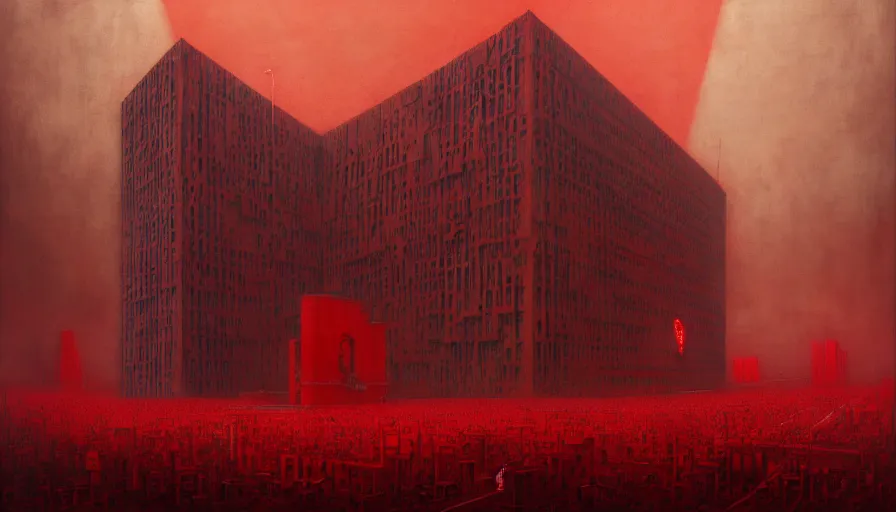 Prompt: only with red, soviet communism horror brutalist architecture apocalyptic with soviet flag, crowd cheering, in the style of beksinski and rodcenko and yue minjun and cory loftis, intricate and epic composition, red by caravaggio, highly detailed, masterpiece, red light, artstation, art nouveau