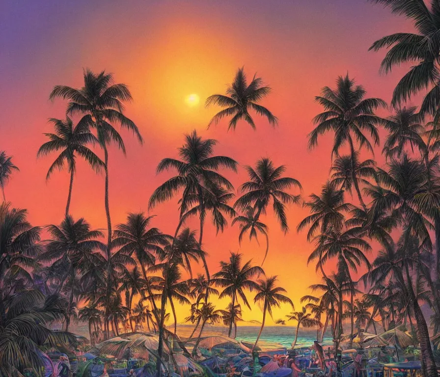 Image similar to a tropical paradise beach filled with palm trees and exotic flowers at sunset by paul lehr, detailed line drawing, intricate, hd, digital art, complementing colors, detailed, illustration painting by alex gray, digital art, moebius