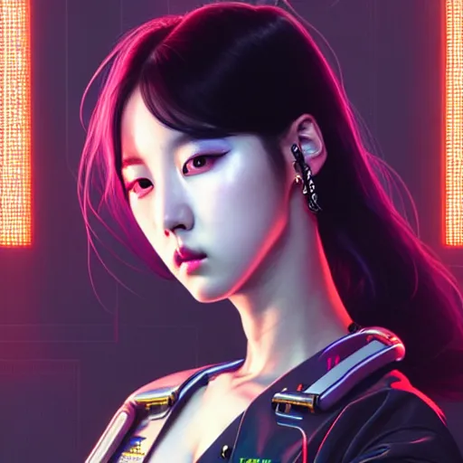 Image similar to portrait painting of kpop artist sunmi as a cyberpunk technician, ultra realistic, concept art, intricate details, eerie, highly detailed, photorealistic, octane render, 8 k, unreal engine. art by artgerm and greg rutkowski and magali villeneuve and alphonse mucha