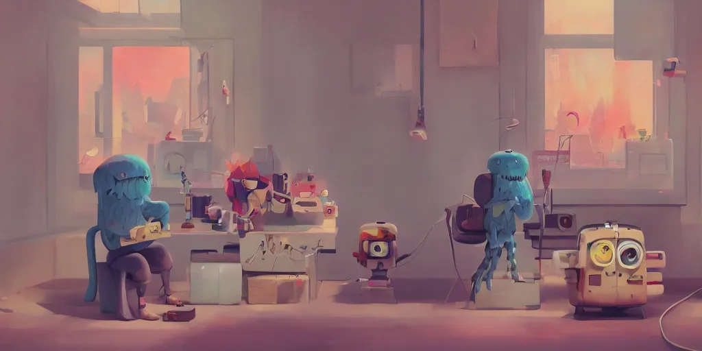 Image similar to cute anime monsters listening to record players by Goro Fujita and Simon Stalenhag and Kandinsky and Magritte, 8k, trending on artstation, hyper detailed, cinematic