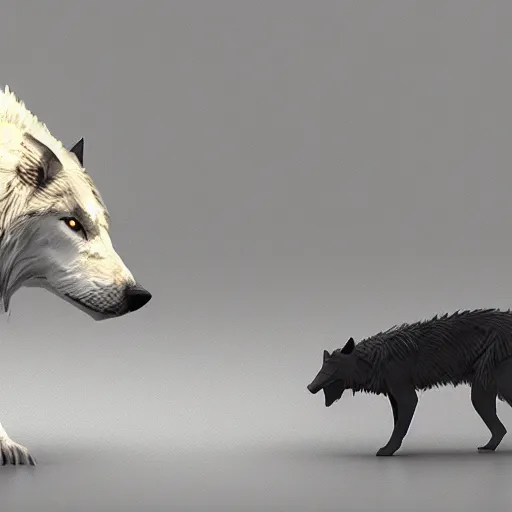 Prompt: a white wolf challenges the pack leader , concept art, trending on artstation 3D.