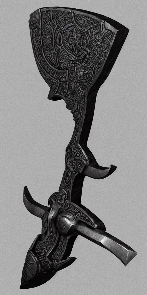 Prompt: a black and silver axe skull crest, ornament, dwarven weapon, by dom qwek, trending on artstation, hard surface modeling, one handed axe, ax