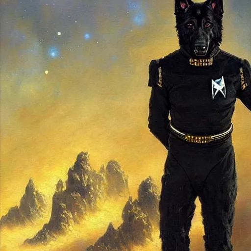 Image similar to fullbody of a black german shepard dogman man alien in jumpsuit starfleet star trek risa. highly detailed painting by gaston bussiere craig mullins jc