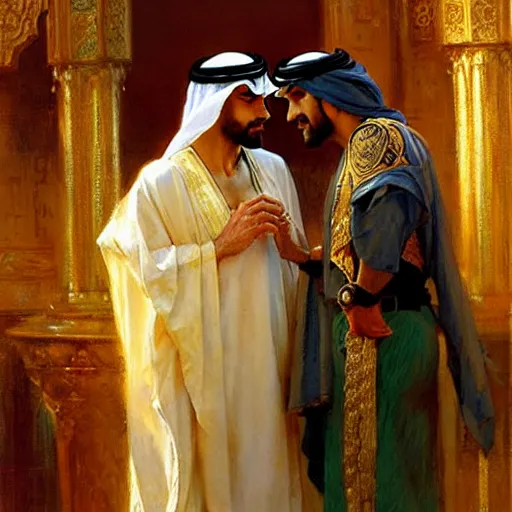 Image similar to attractive arab king confesses his love for his attractive male prince. highly detailed painting by gaston bussiere, craig mullins, j. c. leyendecker