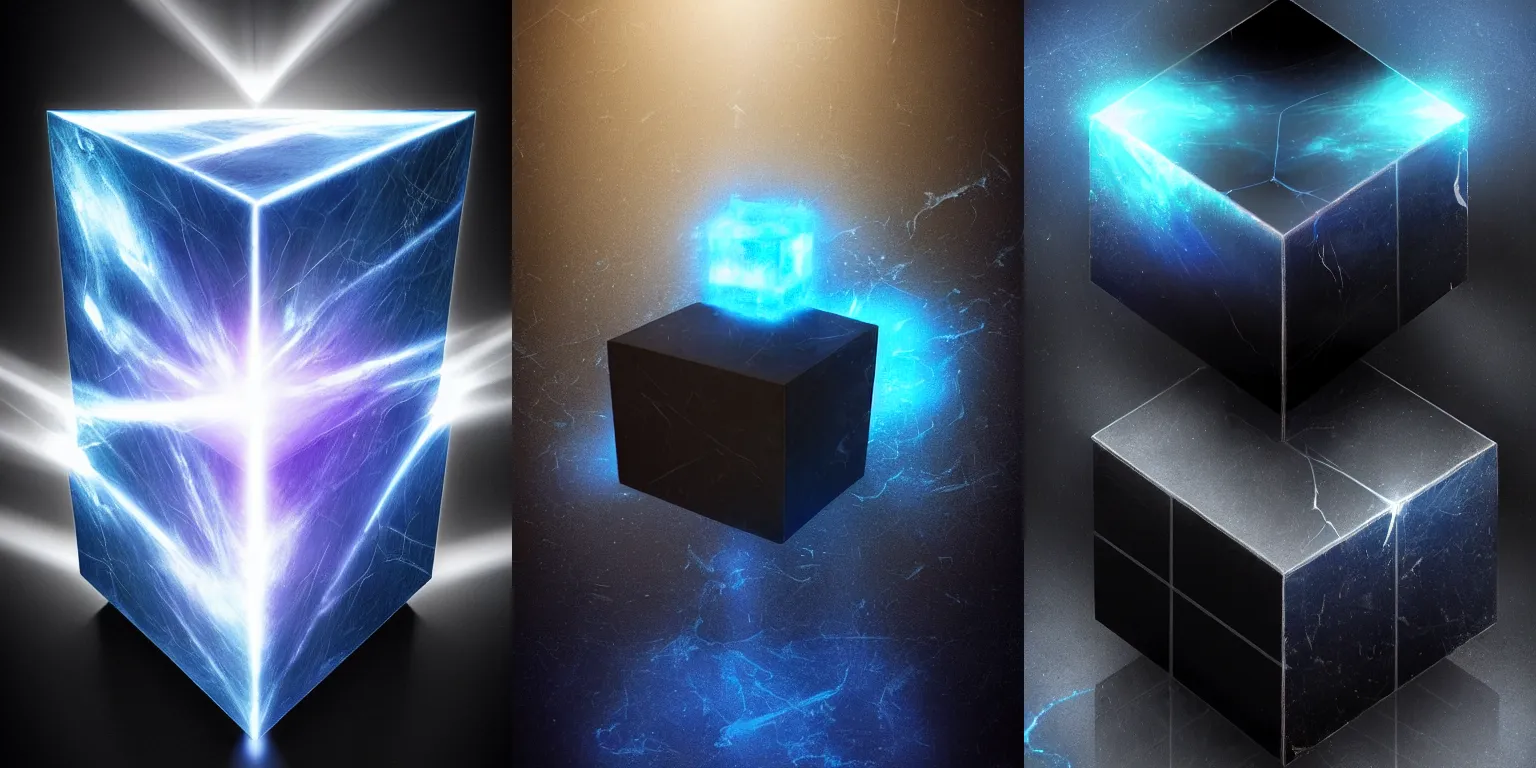 Image similar to big black marble cube, levitating. vertical blue beam of light, flux. fantasy, digital painting, hd, detailed.