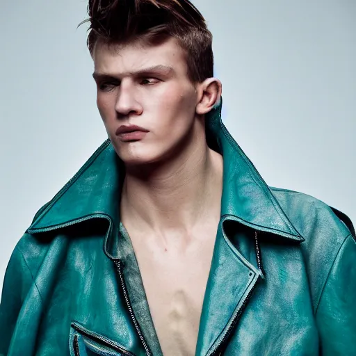 Prompt: an award - winning photo of a male model wearing a baggy teal distressed medieval leather menswear jacket by boris issey miyake, 4 k, studio lighting, wide angle lens
