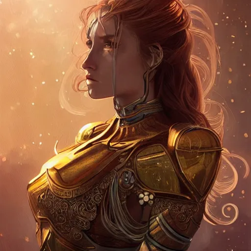 Prompt: portrait knights of Zodiac girl, golden and copper armor, sci-fi, fantasy, intricate, very very beautiful, elegant, highly detailed, digital painting, artstation, concept art, smooth, sharp focus, illustration, art by artgerm and WLOP and alphonse mucha