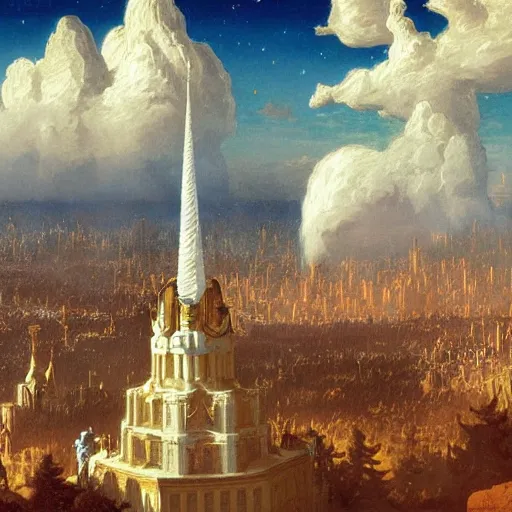 Image similar to unicorn , clouds city , Albert Bierstadt , Thomas Cole , Geof Darrow