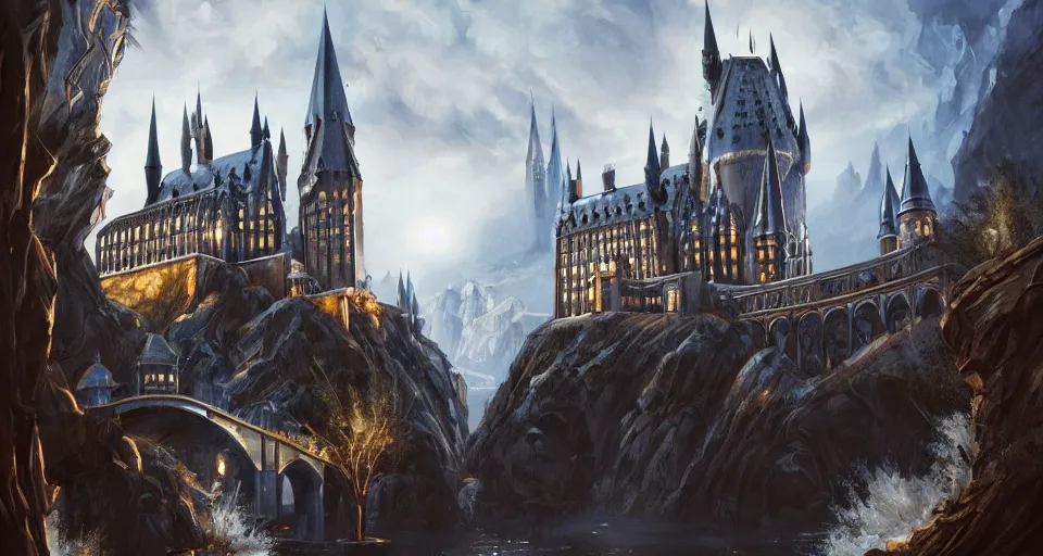 Image similar to a super detailed beautiful painting of hogwarts by shaddy safadi, 8 k, blue hue, warm lighting, cyberpunk trending on artstation