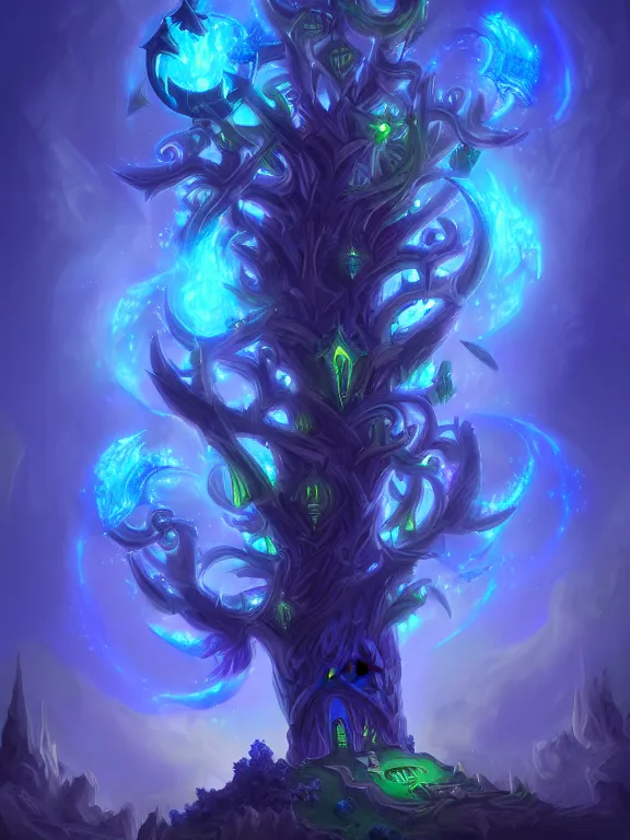 Prompt: A beautiful digital illutration painting of a detailed fantasy tree warcraft style with warcraft lantern blue illumination by, 8k resolution deviantart trending on Artstation concept art digital illustration