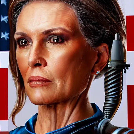 Prompt: extremely detailed portrait of the first beautiful female cyborg president of the united states of america. highly detailed lifelike photorealistic digital painting, artstation.