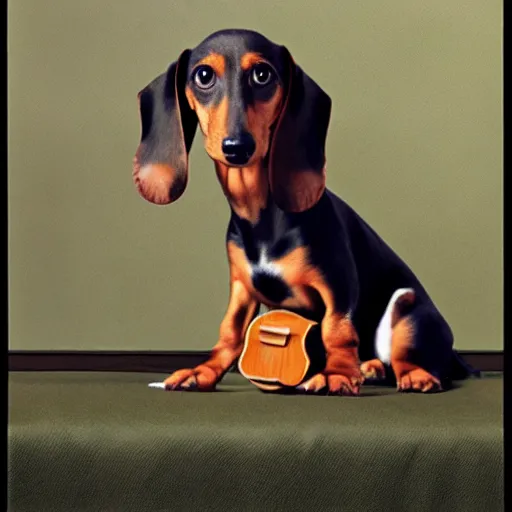 Image similar to dachshund conducting an orchestra, 8 k, color film, photorealistic,