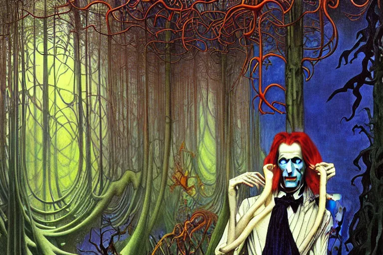 Image similar to realistic extremely detailed portrait painting of an elegantly creepy vampire man dressed as dracula, futuristic sci-fi forest on background by Jean Delville, Amano, Yves Tanguy, Alphonse Mucha, Ernst Haeckel, Edward Robert Hughes, Roger Dean, rich moody colours, blue eyes