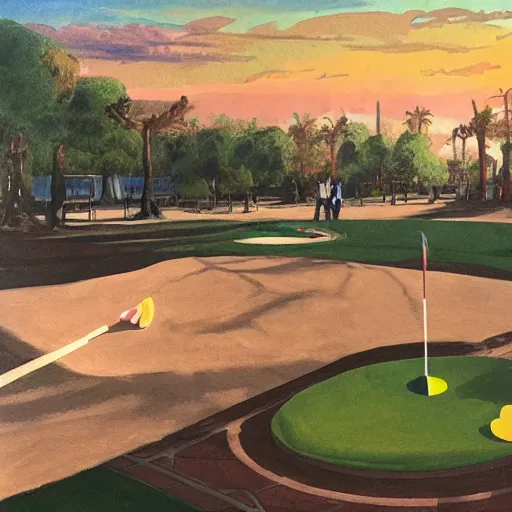 Prompt: mini - golf course in a museum, painting, gouache, james gurney, light, game design, concept art, illustration