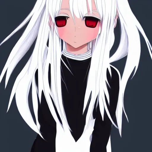 Prompt: white hair red eyes two small black horn on the head anime style anime girl