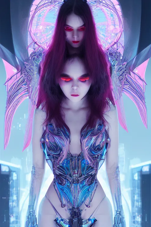 Image similar to portrait futuristic Devil Girl with horns and wings, in future cyberpunk tokyo rooftop , ssci-fi, fantasy, intricate, very very beautiful, elegant, human anatomy, neon light, highly detailed, digital painting, artstation, concept art, smooth, sharp focus, illustration, art by tian zi and WLOP and alphonse mucha