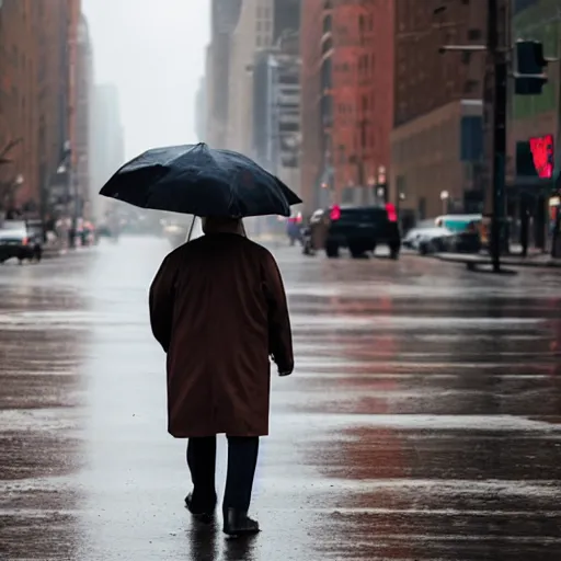 Prompt: an elderly man wearing a brown coat walks across the rainy streets of new york